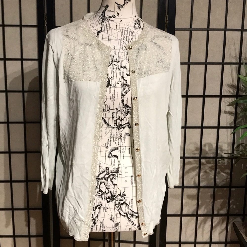 NWOT Ted Baker Cotton Knit Mint Shiny ribbed sweater cover button gold crew sz 4